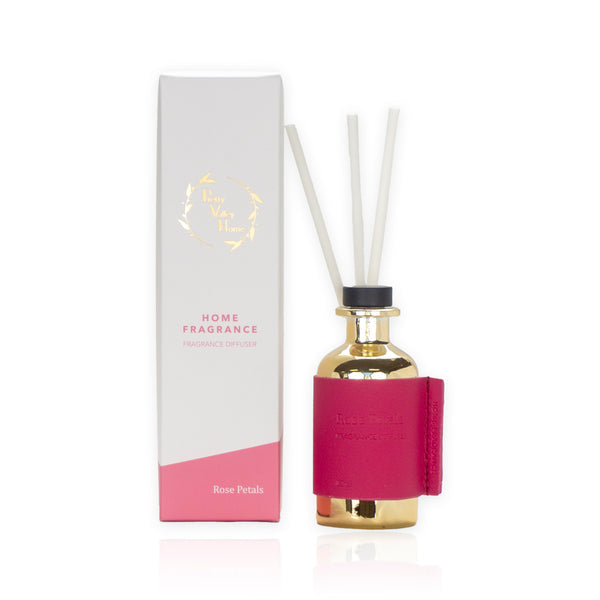 80m Reed Fragrance diffuser. Gold Bottle and Pink Leather. Rose Petal