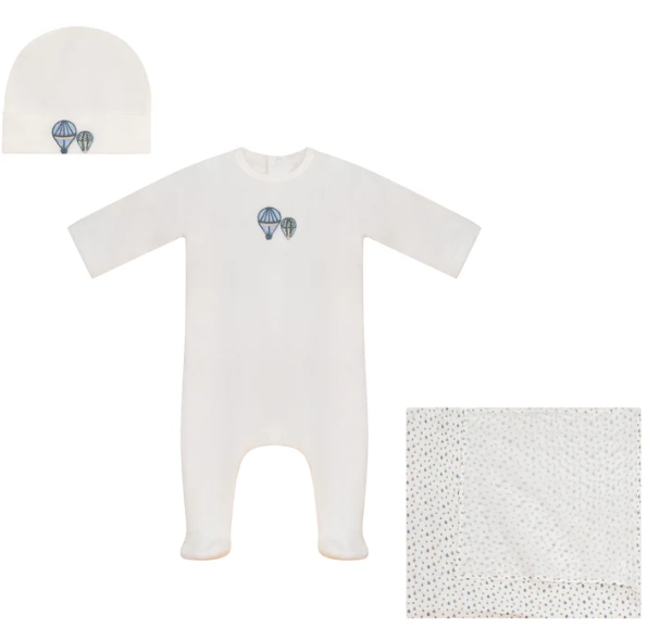 Little Embroidered Hot Balloon Footie, Hat and Blanket Set