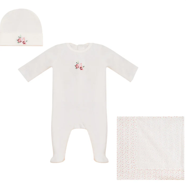 Little Embroidered Flower Footie, Hat and Blanket Set