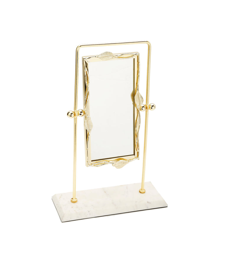 Rectangular Table Mirror Gold Leaf Border White Marble Base