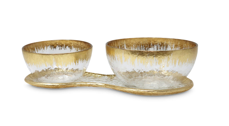 2 Bowl Relish Dish On Tray With Gold Design