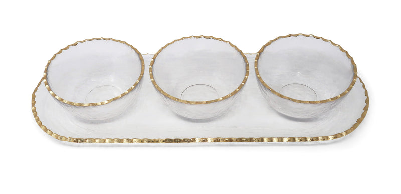 3 Bowl Serving Dish On Tray With Gold Rim