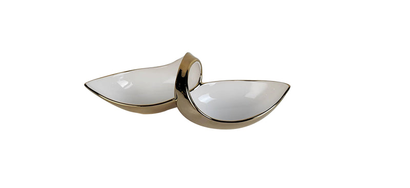 White Porcelain Double Snack Bowl with Gold, 13"L