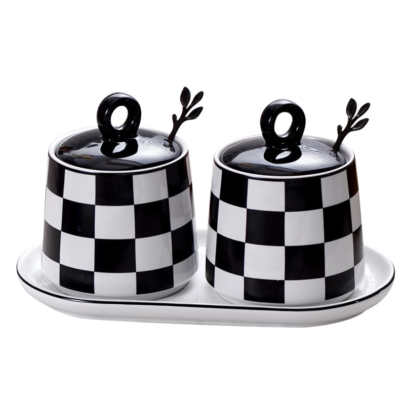 White/Black Check Coffee+Sugar Bowls Set