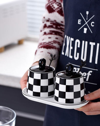 White/Black Check Coffee+Sugar Bowls Set