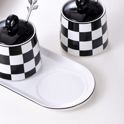 White/Black Check Coffee+Sugar Bowls Set