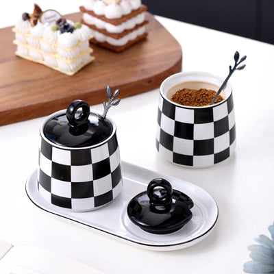 White/Black Check Coffee+Sugar Bowls Set