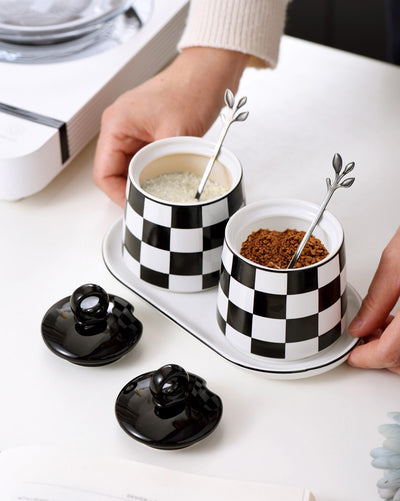 White/Black Check Coffee+Sugar Bowls Set