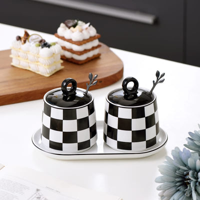 White/Black Check Coffee+Sugar Bowls Set