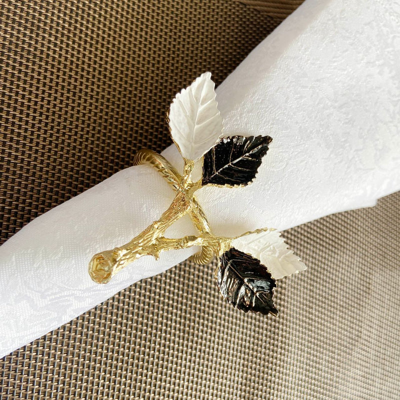 White and Black Leaves on Gold Branch Napkin Ring