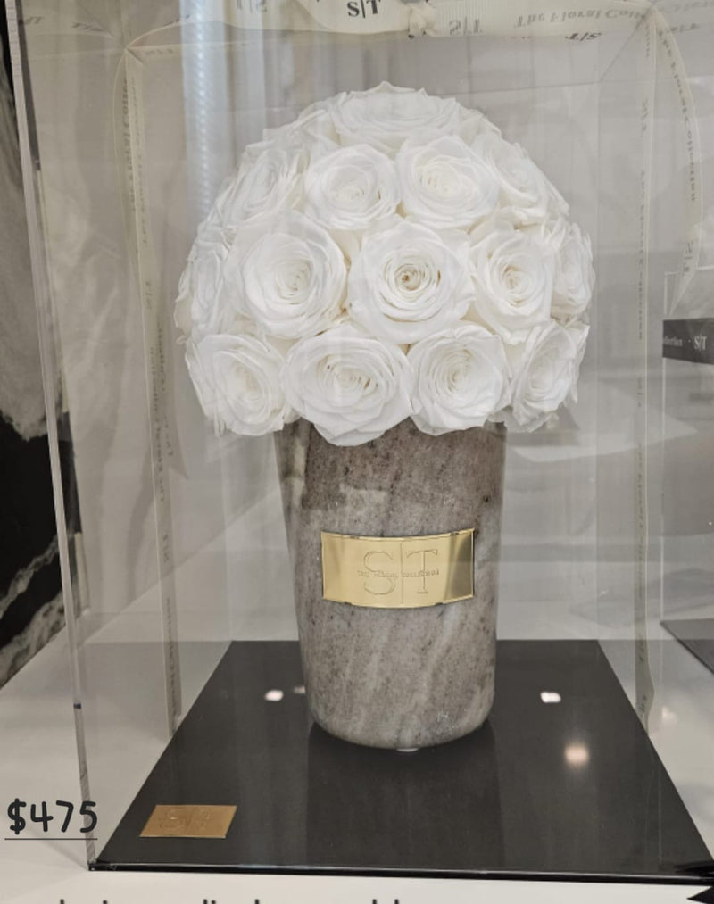 Real Preserved White Roses in marble Vase Gif Boxed in Acrylic Box