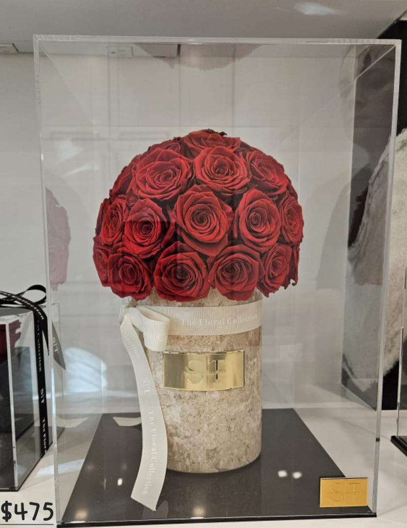 Real Preserved Red Roses in  marble Vase Gif Boxed in Acrylic Box