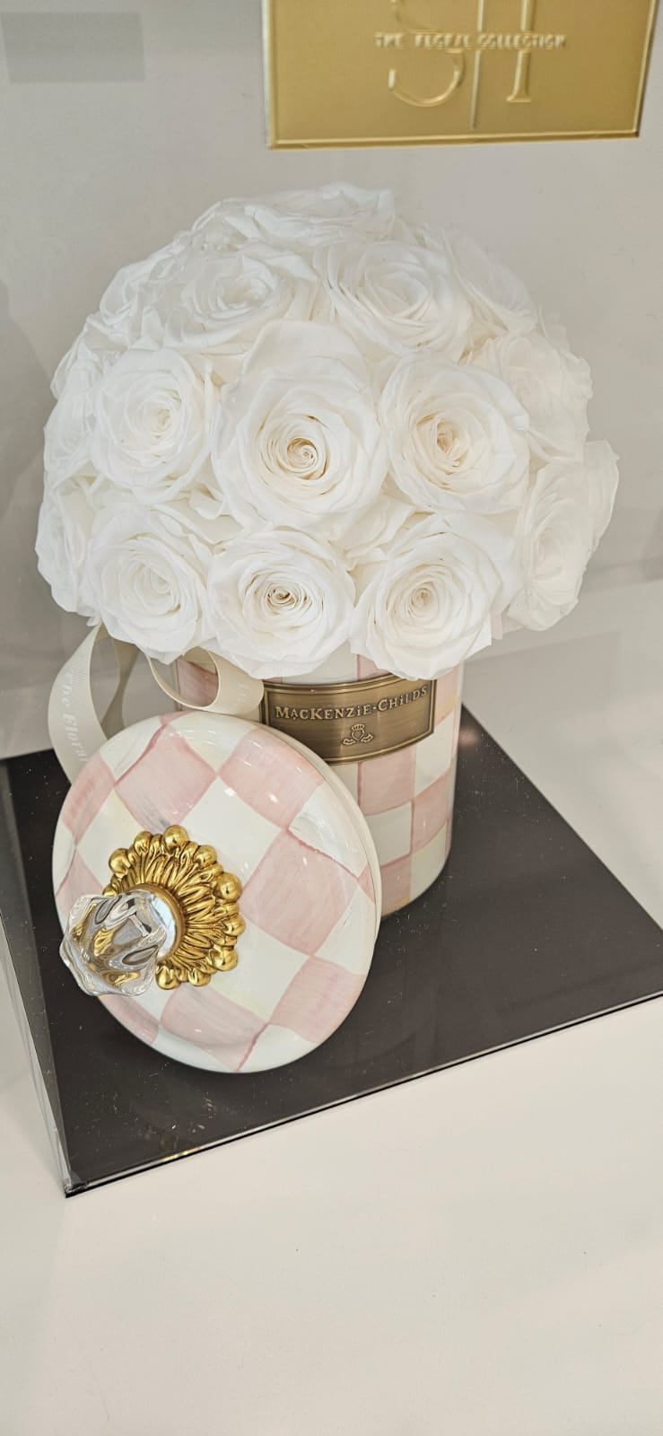 Pink and White Mckenzie Cookie Jar filled with White Preserved Roses in Acrylic Gift Box