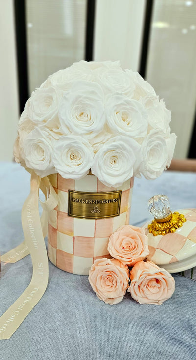 Pink and White Mckenzie Cookie Jar filled with White Preserved Roses in Acrylic Gift Box