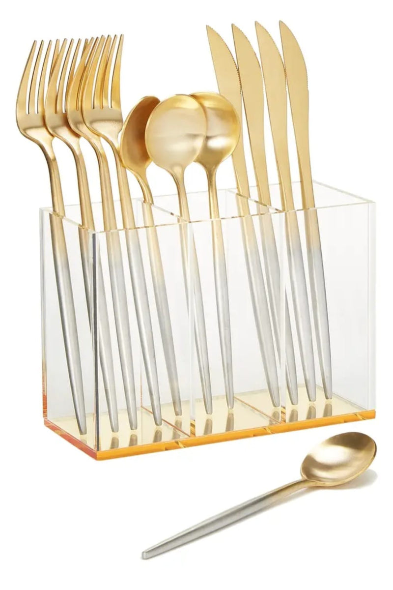 3 Section Acrylic Flatware Caddy - Gold