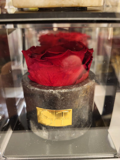 Single real preserved rose in marble holder