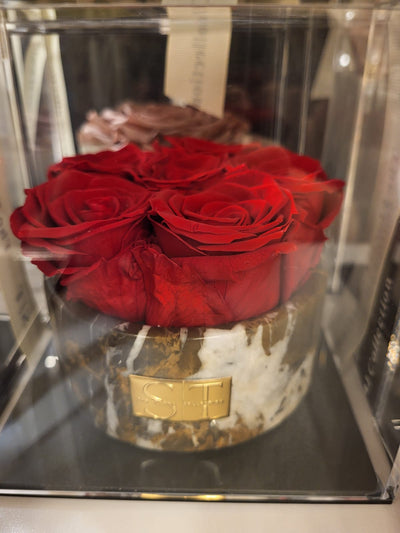 Red preserved real roses in marble round holder