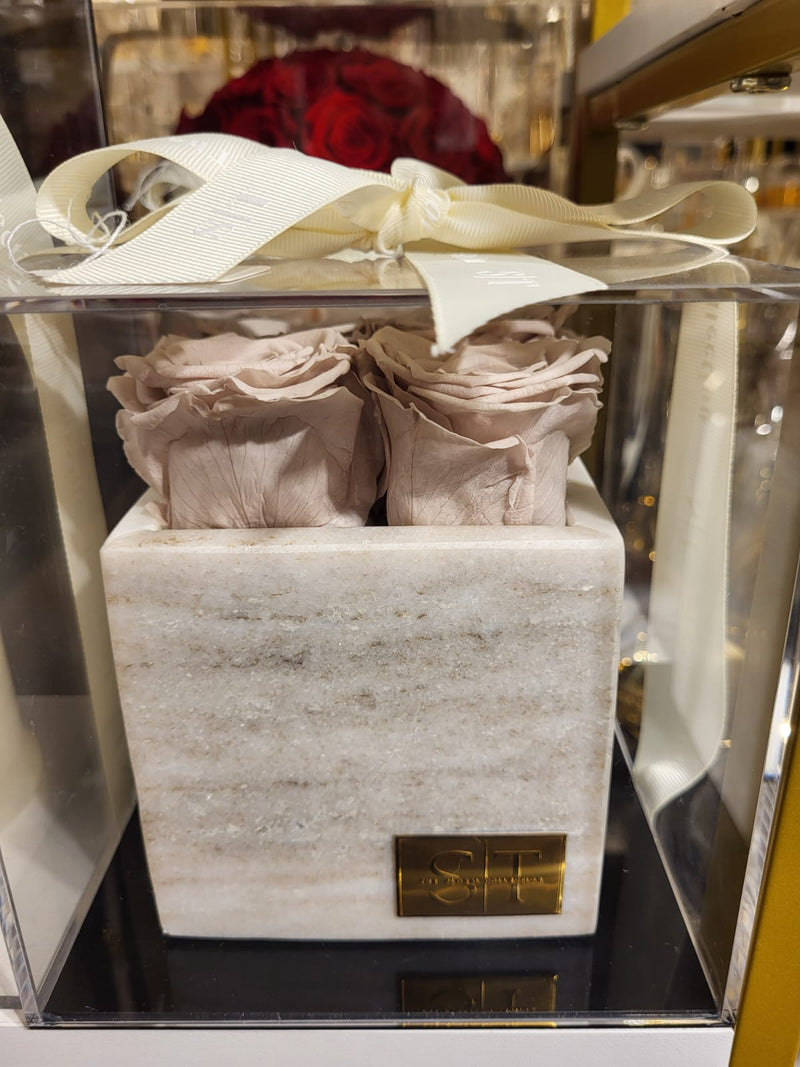 Four real preserved roses in square marble box