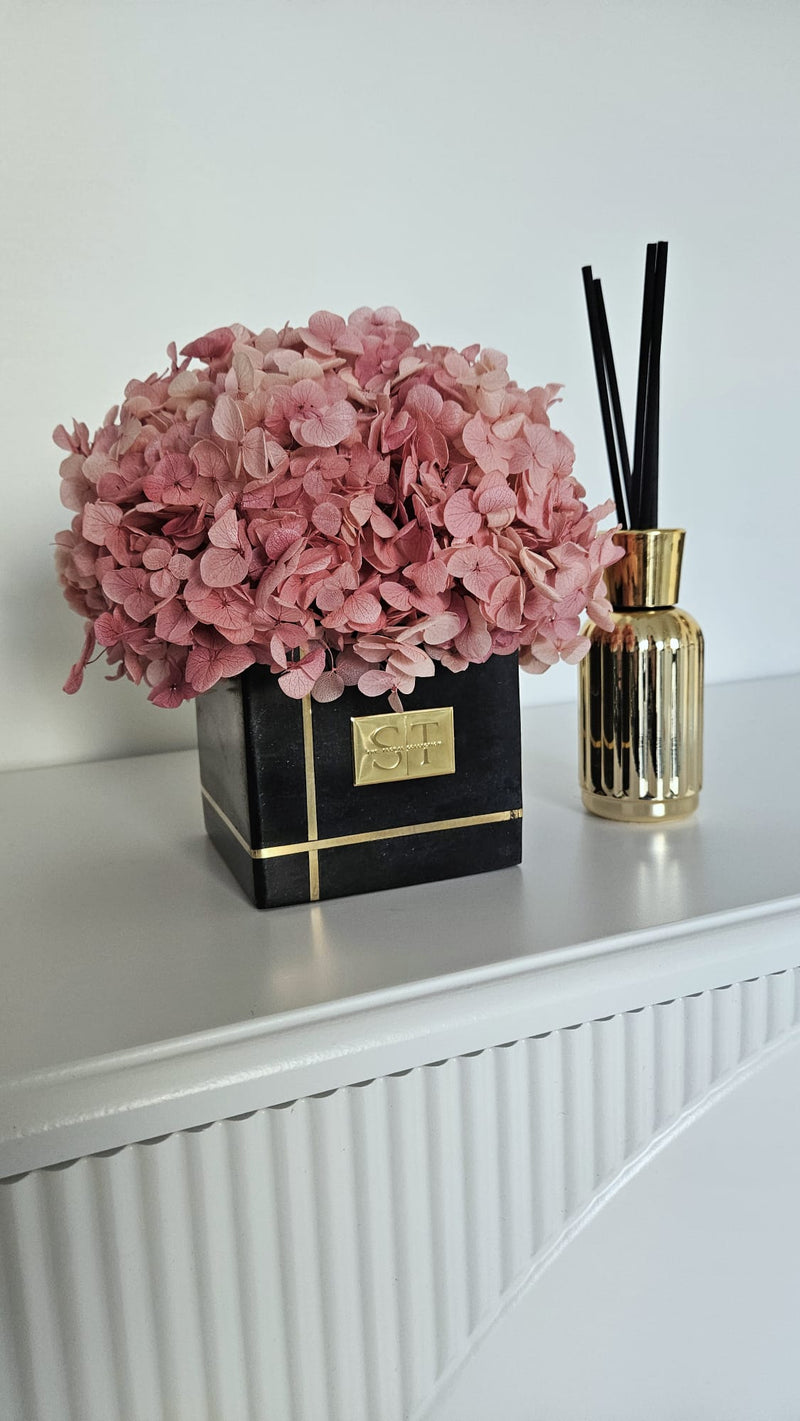 Preserved Hydrangea  in Marble Vase Presented in an Acrylic Box