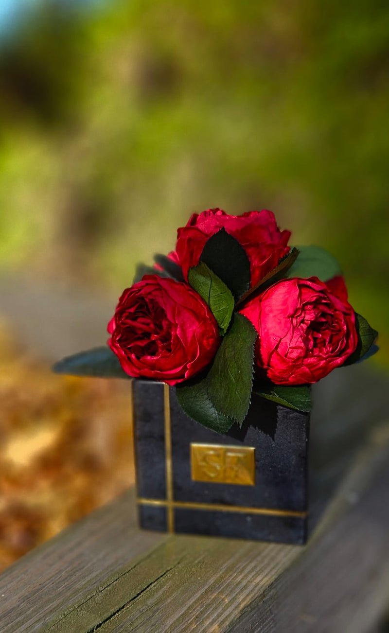 Preserved Red Peonies in a Black Marble Vase