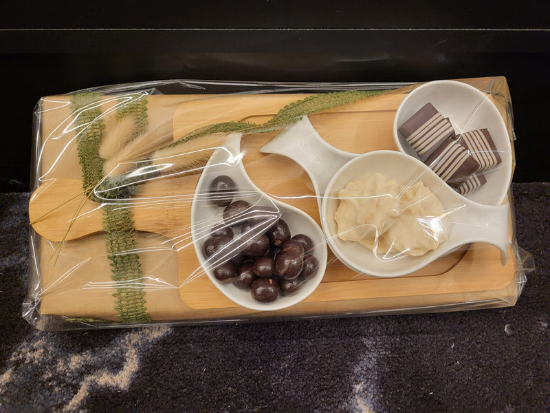 Wood tray with white bowls dip holder Mishloach Munes