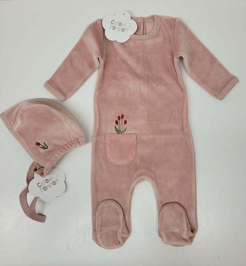flower in pocket pink velour footie and bonnet set