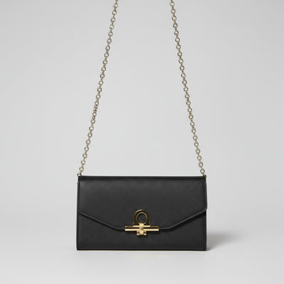 Black Caviar Leather with Gold "a" Closure Clutch Crossbody Evening Bag