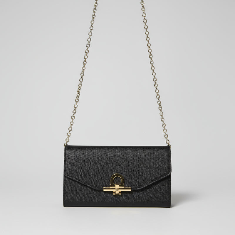 Black Caviar Leather with Gold "a" Closure Clutch Crossbody Evening Bag
