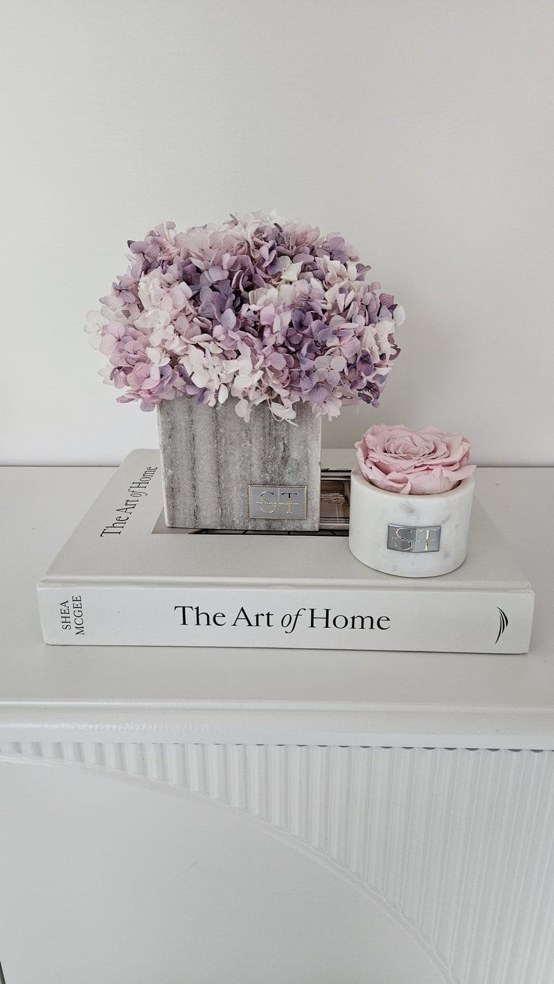 Preserved Hydrangea  in Marble Vase Presented in an Acrylic Box