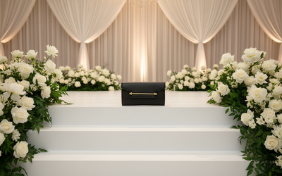 Black Caviar Leather Evening Bag with Gold Stripe Buckle with Gold long chain