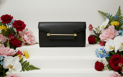 Black Caviar Leather Evening Bag with Gold Stripe Buckle with Gold long chain