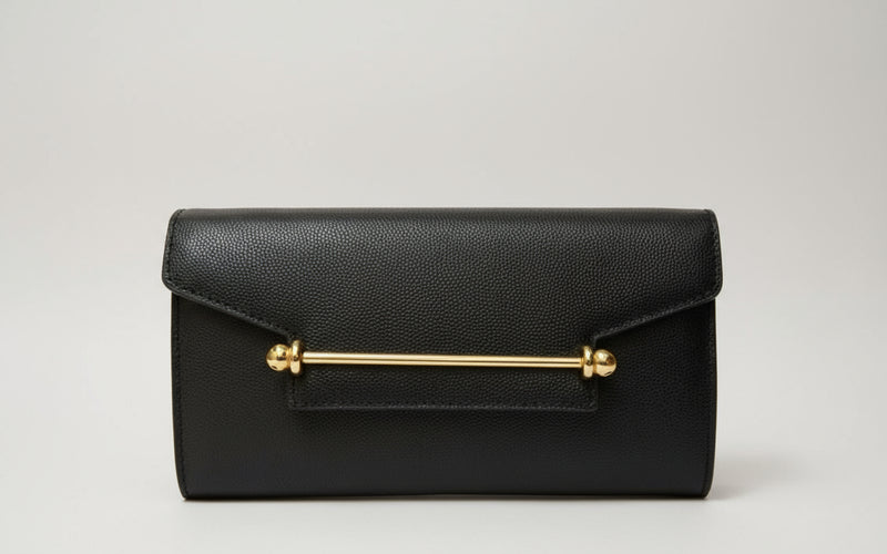 Black Caviar Leather Evening Bag with Gold Stripe Buckle with Gold long chain