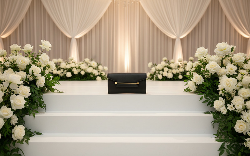 Black Caviar Leather Evening Bag with Gold Stripe Buckle with Gold long chain