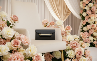 Black Caviar Leather Evening Bag with Gold Stripe Buckle with Gold long chain