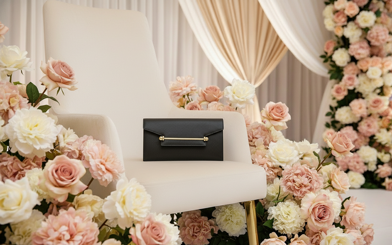 Black Caviar Leather Evening Bag with Gold Stripe Buckle with Gold long chain