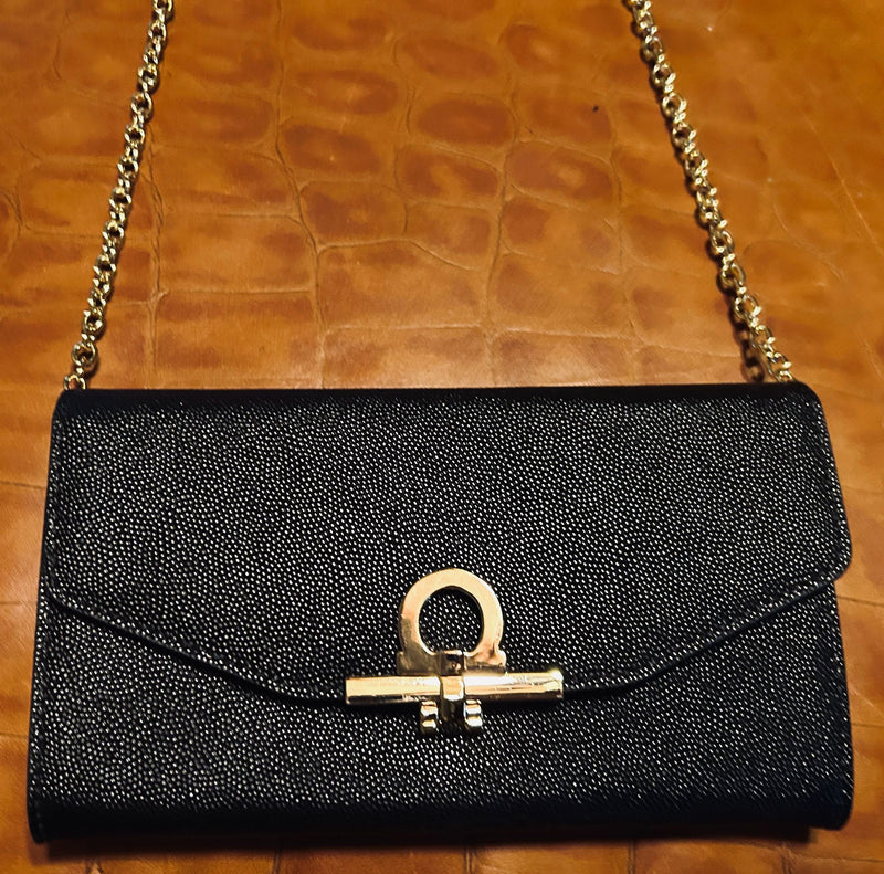 Black Caviar Leather with Gold "a" Closure Clutch Crossbody Evening Bag