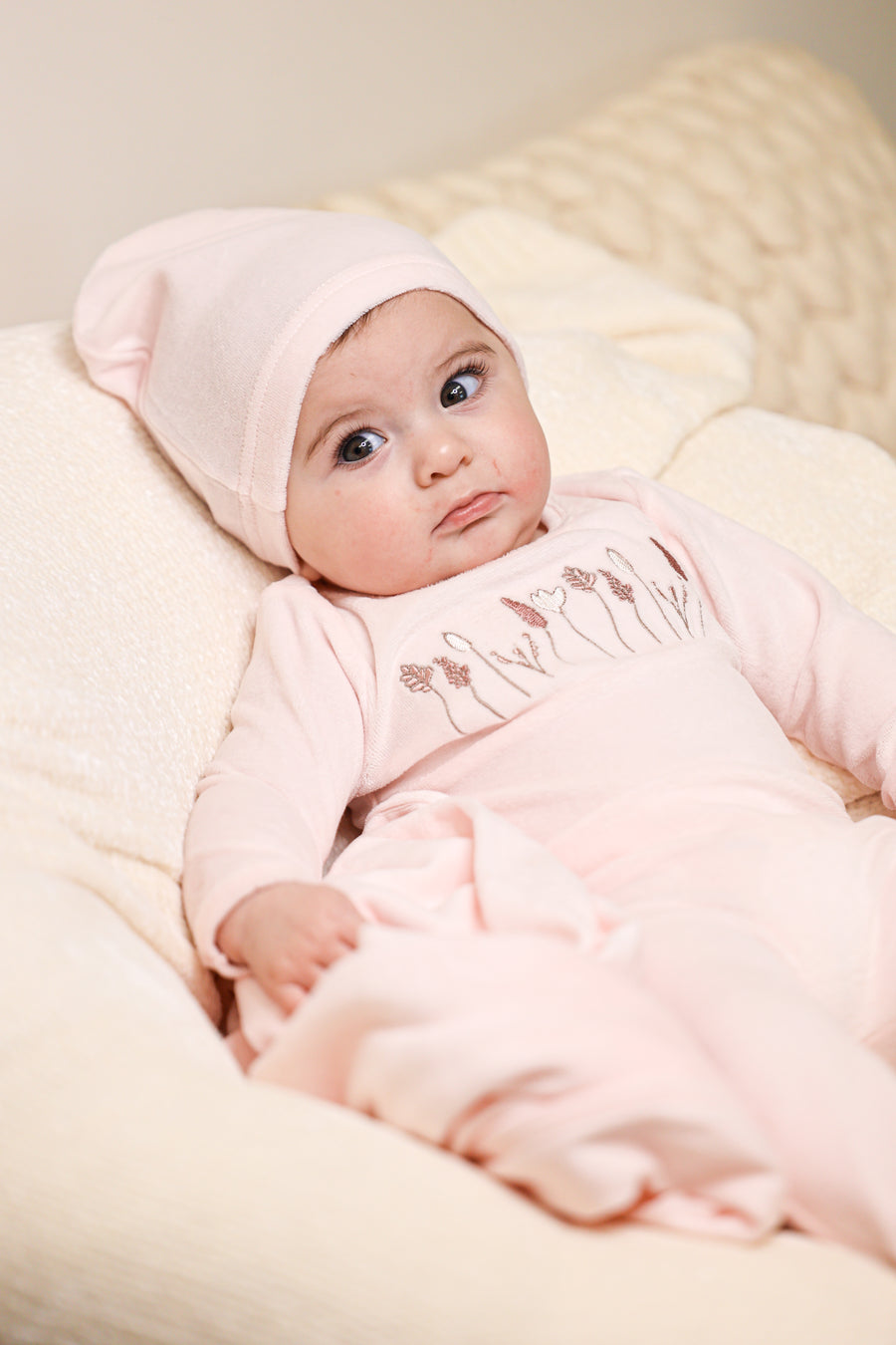 Cadeau Linen Printed Footie & Hat Set - Pink Cadeau Linen Printed Footie & Hat Set - Pink
