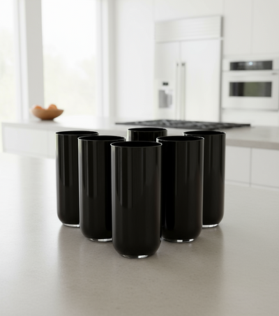 Set of 6 Black Water tumblers, Fills 14 oz.