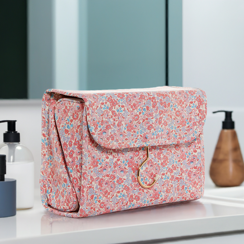 Hanging Toiletry Case - Hang It Up - Marseille with Pink Pinstripe Liner