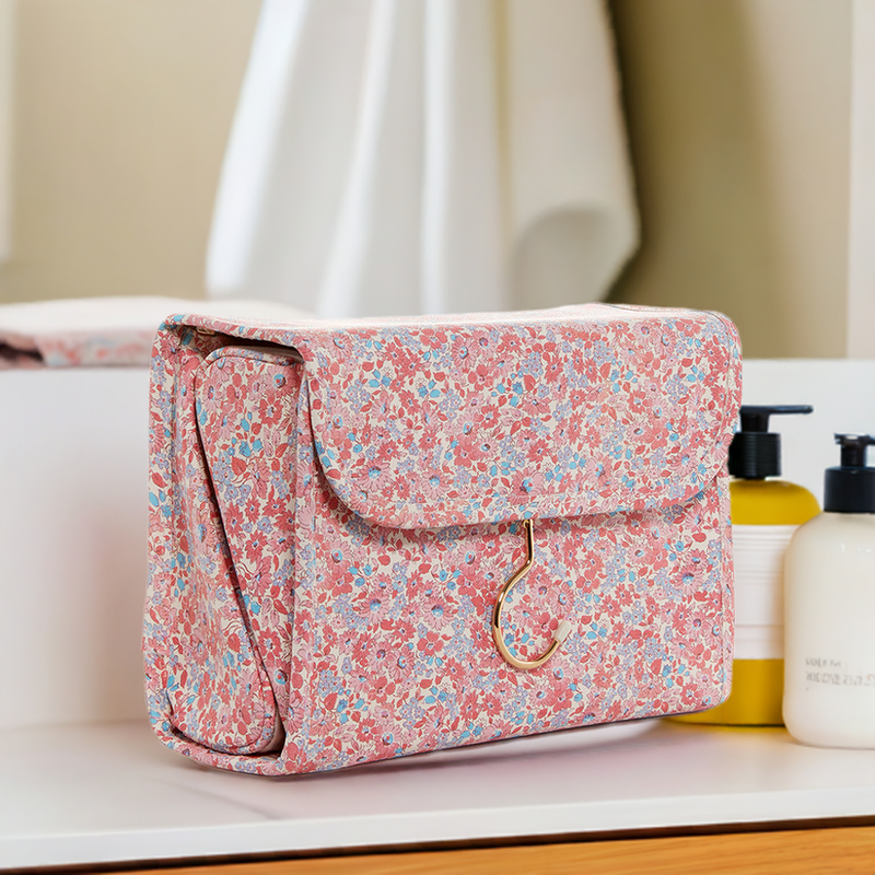 Hanging Toiletry Case - Hang It Up - Marseille with Pink Pinstripe Liner