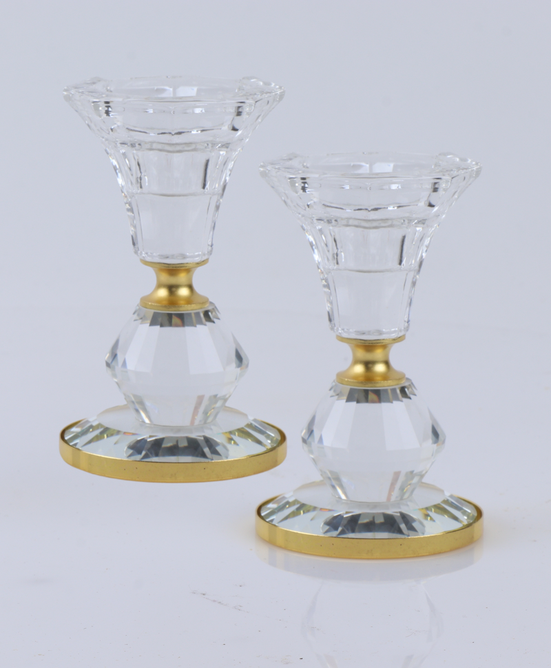 Set of 2 Crystal Candle Holders with Gold Design 4"H