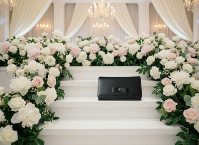 Black Genuine Caviar Leather Evening Bag With Bow