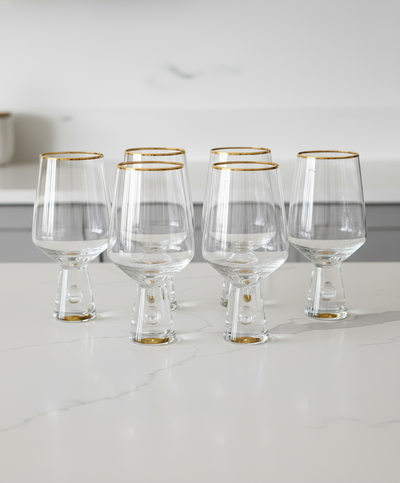 Set Of 6 Water Glasses With Gold Base And Rim - 2.25"D X 6.5"H