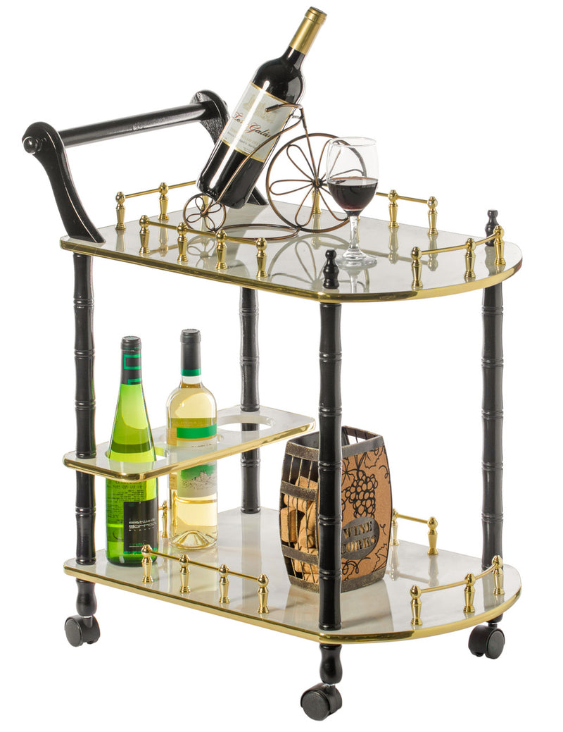 Wood Serving Bar Cart Tea Trolley with 2 Tier Shelves and Rolling Wheels