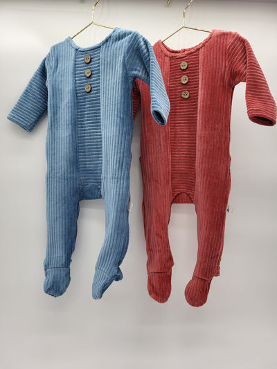 Ribbed Velour Footie with 3 Wooden Buttons