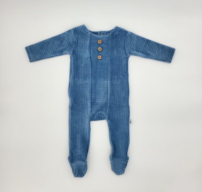 Ribbed Velour Footie with 3 Wooden Buttons