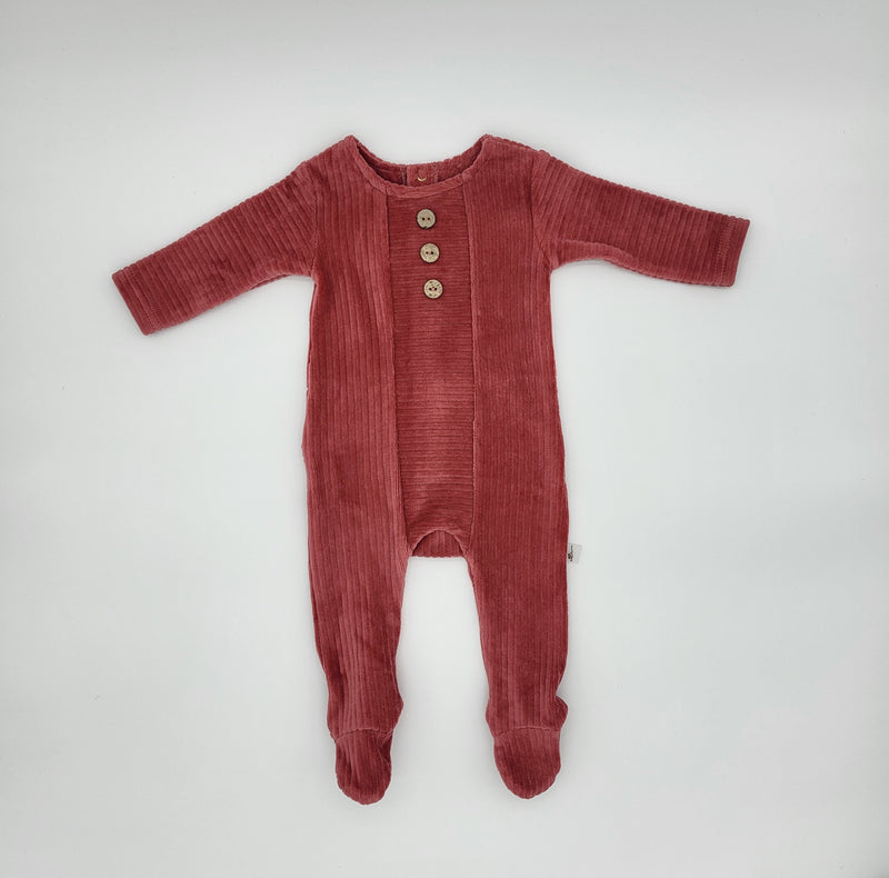 Ribbed Velour Footie with 3 Wooden Buttons