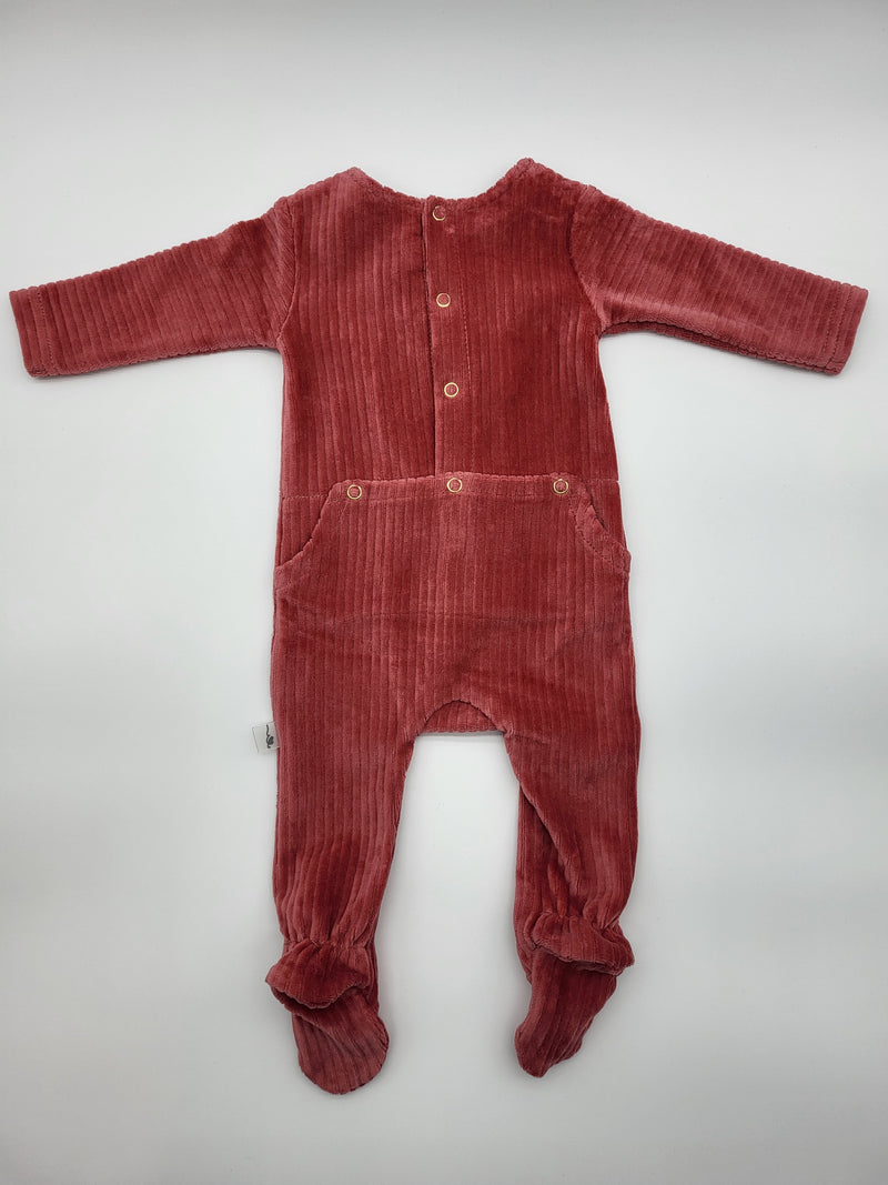 Ribbed Velour Footie with 3 Wooden Buttons