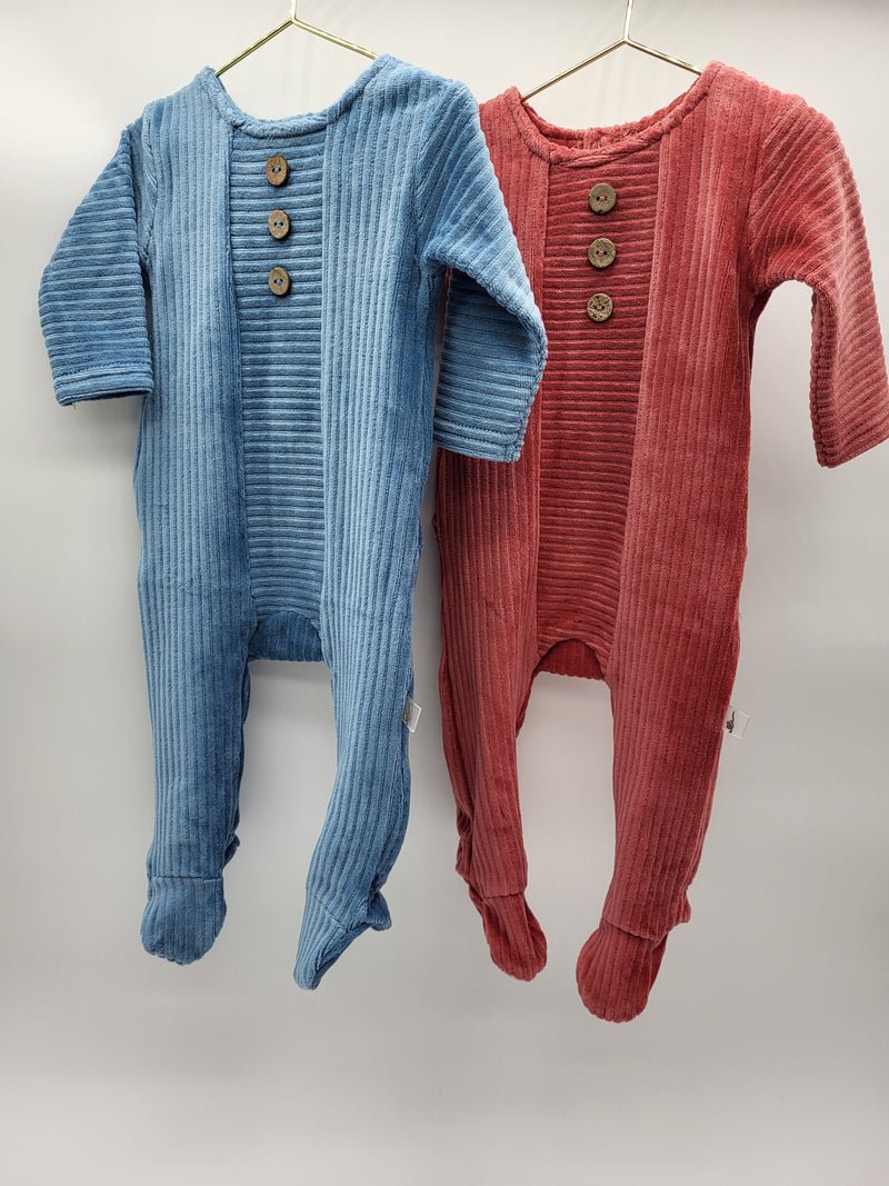 Ribbed Velour Footie with 3 Wooden Buttons