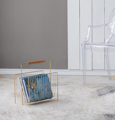 Gold Metal Wire Magazine Rack with Wood Handle